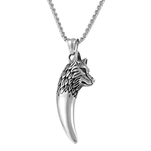 Collier Pendentif Dent de Loup en Acier Titane pour Hommes Vintage Punk Hip Hop Tête de Loup Pendentif Animal Argent Poli Bijoux Homme