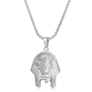 Men's titanium steel Egyptian pharaoh sphinx pendant necklace main view display.