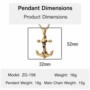 Titanium steel skull anchor pendant necklace, punk hip hop jewelry, 52x33mm size.
