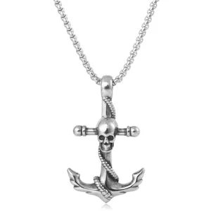 Stainless steel skull anchor necklace pendant for men hip hop punk style jewelry main view.