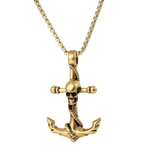 Gold stainless steel skull anchor pendant necklace punk rock hip hop jewelry for men