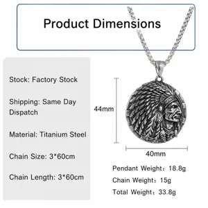 Detailed view showing dimensions, pendant size 44x40mm, weight and titanium steel material.