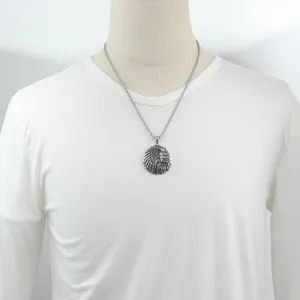 Vintage titanium steel Indian chief pendant necklace, detailed relief design for men.