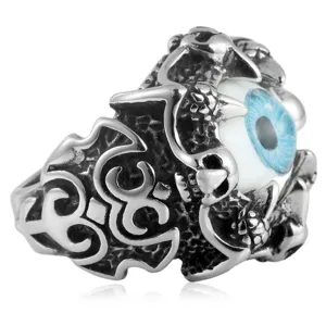Anillo de acero inoxidable punk rock con ojo malvado azul calavera y garra para hombres.