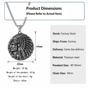 Vintage titanium steel Indian chief pendant necklace with box chain, retro silver jewelry for men.