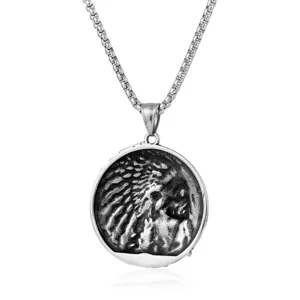 Vintage titanium steel Indian chief pendant necklace with box chain for men fashion.