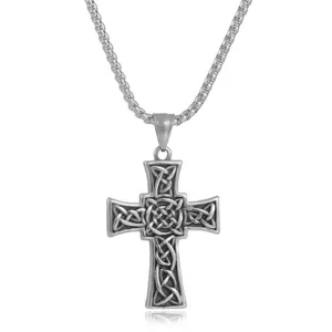 Stainless Steel Celtic Cross Pendant Vintage Punk Necklace Detailed Close-up Product View