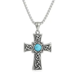 Vintage Stainless Steel Celtic Cross Pendant Necklace with Turquoise Stone for Men Women