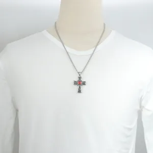 Punk retro titanium steel cross necklace with red evil eye pendant for men and women