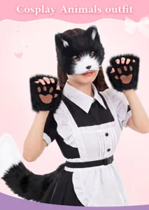 Cosplay Tier Kostüm Set mit schwarz-weißer Plüsch Katzenmaske Pfoten Handschuhen Schwanz.