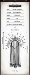 Gothic headband detail spec showing dimensions, black veil mesh size and lightweight 44g.