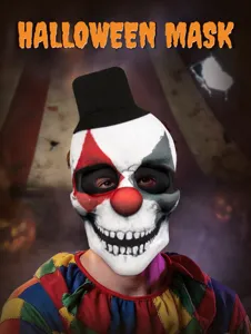 Halloween clown schedel masker detail met hoge hoed voor griezelig feestelijk cosplay.