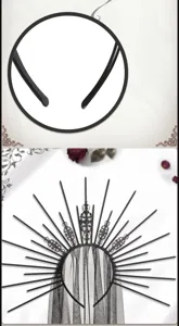 Gothic sunburst halo crown headband detail showing spiked tiara and black veil texture.