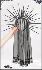 Gothic black sunburst halo crown veil detail shot, perfect for dark aesthetic parties.