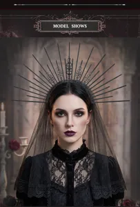 Gothic halo spiked headband with black veil, perfect for Halloween and dark retro fashion.