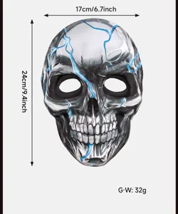 Halloween EVA schedel masker met blauw blikseempatroon, maat 17x24cm, gewicht 32g.