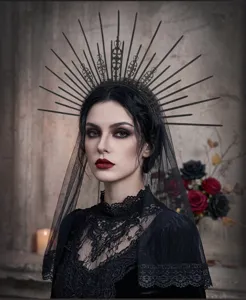 Detail view of gothic black veil halo crown headband, dark bridal Halloween costume accessory.