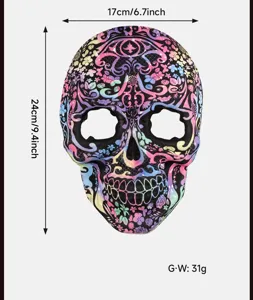 Gedetailleerd overzicht van het kleurrijke bloemenschedelmasker met nauwkeurige afmetingen.