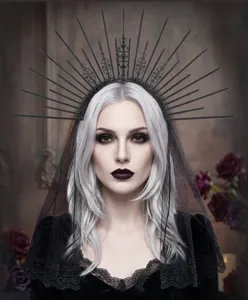 Gothic black halo crown with lace veil detail, perfect for Halloween and dark vintage cosplay.