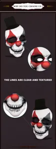 Halloween eng clown schedel masker met hoed, gedetailleerde textuur voor feestelijke cosplay.
