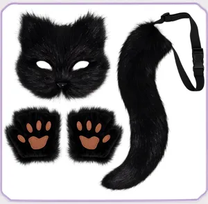 Detailansicht des schwarzen Plüsch Katzen Fuchs Maske, Tatzen Handschuhe und Schwanz.