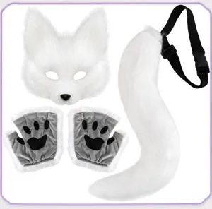 Weißes Kunstfell Tierkostüm Set mit Fuchsmaske, Pfotenhandschuhen und Schwanz für Cosplay.