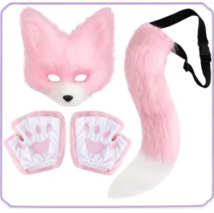 Rosa Kunstfell Fuchs Katze Maske Schwanz und Pfoten Handschuhe Set Details für Cosplay