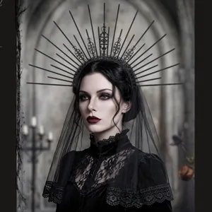 Gothic Halloween Dark Sunburst Crown Headband With Black Lace Veil Vintage Royal Bride Costume Hair Accessories For Party Women