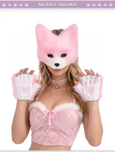 Detailansicht des rosa plüschigen Fuchsenmasken- und Pfotenhandschuh-Sets für Cosplay-Partys.