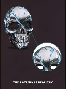 Detailopname van de zilveren metallic afwerking en blauwe bliksems op het masker.