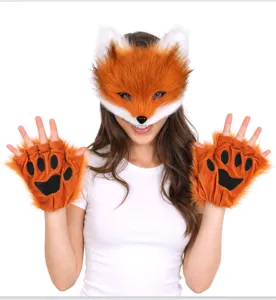 Plüsch Fuchs Maske und Pfoten Handschuhe Set für Cosplay, weiches Kunstfell Kostüm.