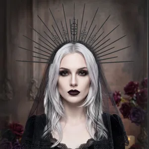Gothic Spike Halo Headband with Black Veil Halloween Dark Crown Headpiece for Women