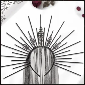 Gothic black halo crown headband with veil, dark angel sunburst tiara for Halloween party.