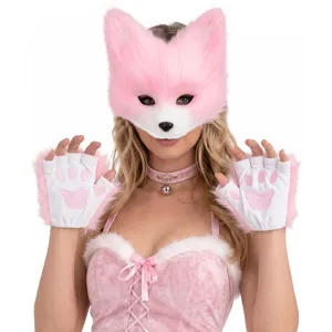 Rosa flauschige Fuchs Katze Maske und Pfoten Handschuhe Set für Halloween Cosplay Party.