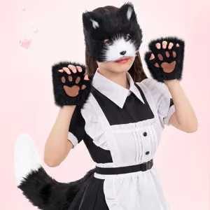 Halloween Katzen Fuchs Maske Pluesch Pfoten Schwanz Cosplay Set Party Kostuem Damen
