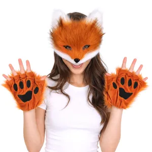 Halloween Kunstfell Fuchs Maske und Pluesch Tier Pfoten Handschuhe Cosplay Kostuem Set