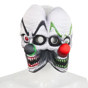 Halloween eng dubbelgezichtig clown masker, horror feest cosplay kostuum rekwisiet detail.