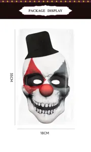 Gedetailleerd overzicht van het Halloween clown schedelmasker in transparante verpakking.