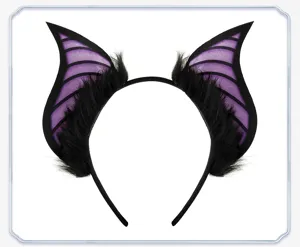 Vista detallada de la diadema de orejas de murciélago negra y púrpura para cosplay.