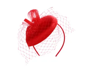 Detailed view of the elegant red mesh fascinator hair accessory with delicate bow.