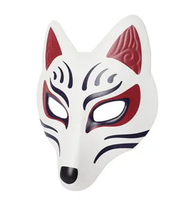 Detailed close-up of a Japanese anime style white fox mask for cosplay and parties.