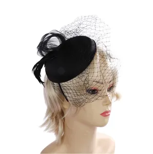 Vintage black mesh fascinator hat with veil and feathers, elegant bridal hair accessory.