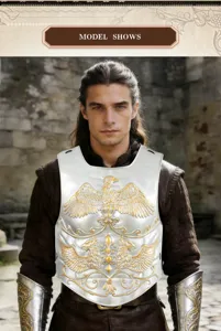 Vista detallada del peto de armadura de caballero medieval y protectores de brazo para cosplay.