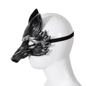Zwarte zilveren PU schuim vos halfmasker zijaanzicht detail voor halloween feest en carnaval.