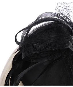 Close-up detail of vintage black mesh bridal fascinator hat with feathers for elegant women.