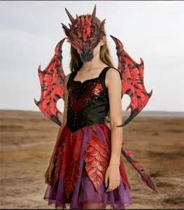 Kinderen rood zwart draak kostuum set met vleugels masker jurk voor Halloween feest cosplay.