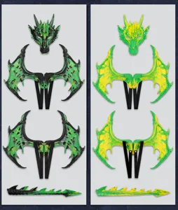 Details van kinder draken kostuum set, met kleurrijke vleugels, masker en staart voor feest.