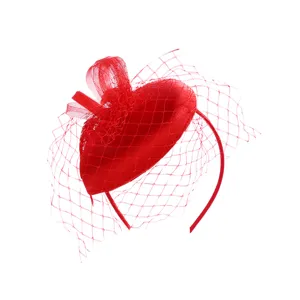 Red heart mesh fascinator bridal veil headband retro party formal hat hair accessories.