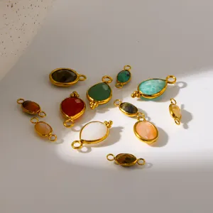 Natuursteen Roestvrij Staal Hanger Bedels 18K Verguld Bezel Connector Links Geometrische Traan Ovaal Componenten Voor DIY Sieraden Maken