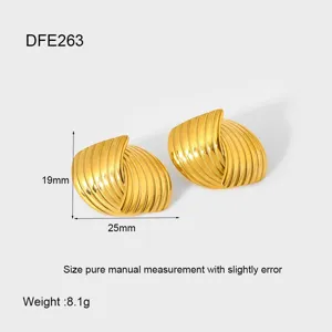 Gold geometric striped shell stud earrings for women, chic 18k gold plated metallic jewelry.